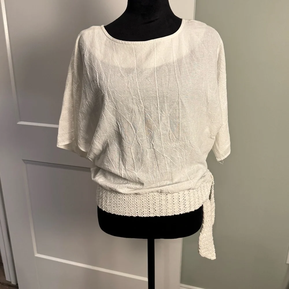 Brownstone studio tie waist boat neck blouse white lightweight airy - Picture 1 of 8